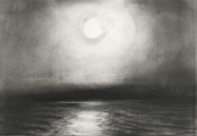 Charcoal landscape drawing of the sky and ocean at down or dusk, with the sun reflecting on the water below