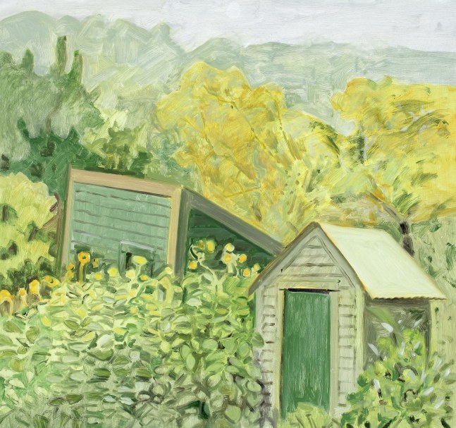 Painting of two buildings in an overgrown landscape