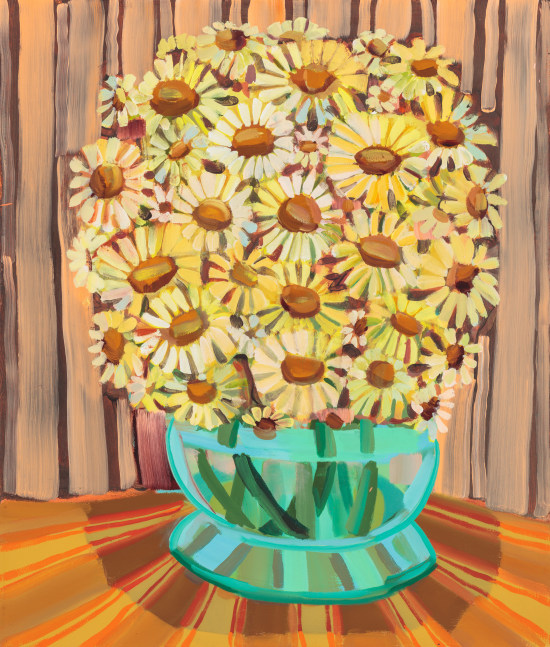 Painting of a bunch of yellow flowers in a clear aqua green face, sitting on a yellow and orange striped tablecloth with an orange wall in the background