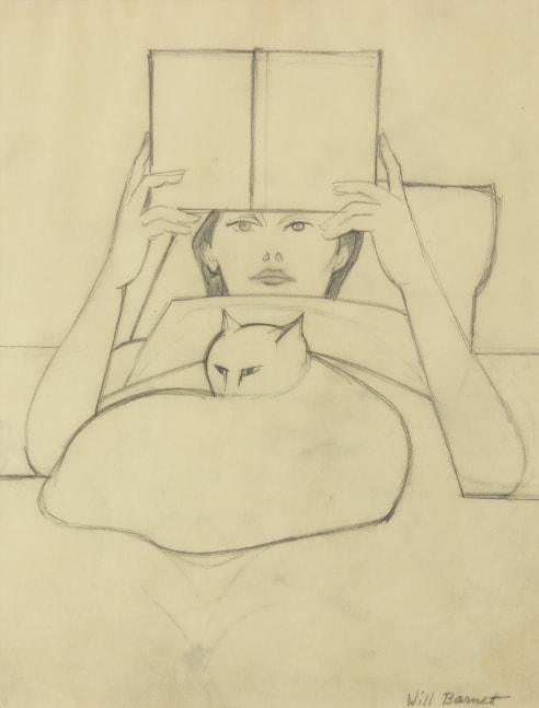 Graphite drawing of a woman in bed, reading a book with a cat curled on her chest