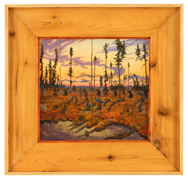 Painting of a pack of bears walking through a clearing on their hind legs at sunset, surrounded by craggy, dead-looking trees