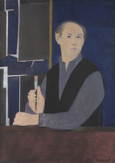 Painting of a figure holding a paintbrush in front of a deep blue background