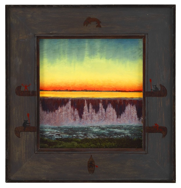 Painting of a vibrant sunset and water flowing over a dam