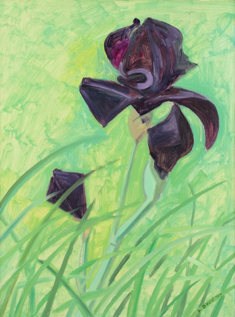 Painting of a dark purple flower in yellow-green grass