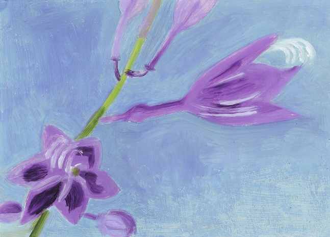 Painting of purple flowers against a blue ground