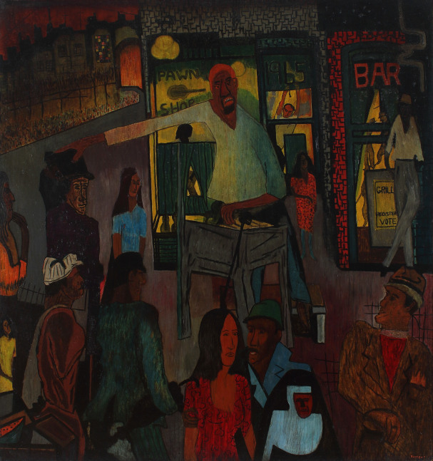 Abstracted, expressionist painting of a group of people gathered and mingling on a city sidewalk in front of various shops