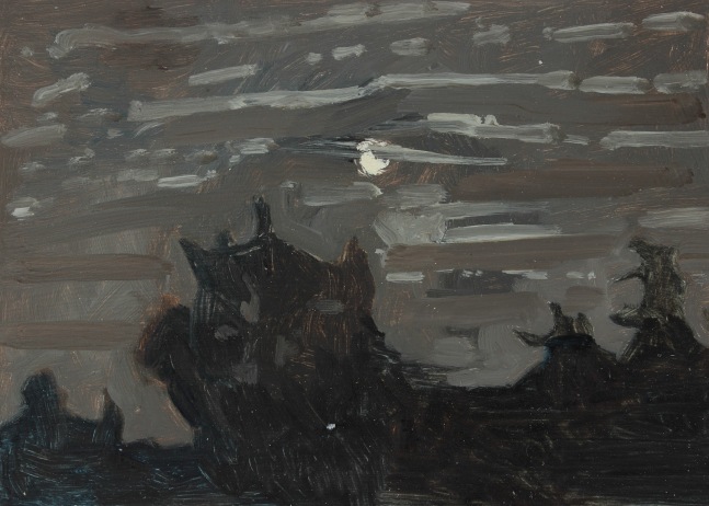Painting of the full moon in a cloudy sky with a line of silhouetted trees below