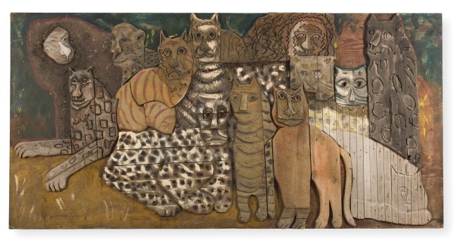 Painted, wall-hanging sculpture of thirteen cats constructed from various pieces of wood