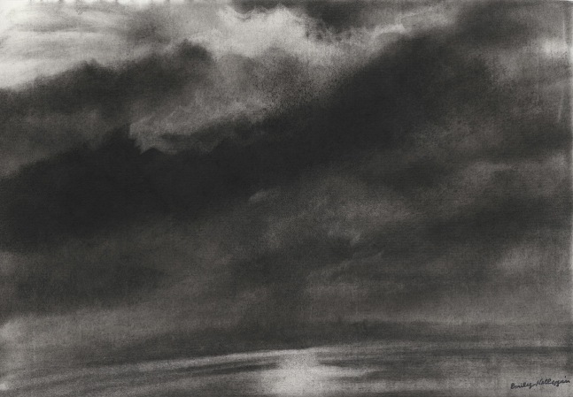Charcoal landscape drawing of the sky and ocean at dawn or dusk, with dim sunlight coming through dark clouds and reflected off the water