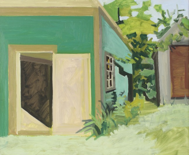 Painting of a green building and brown shed with trees behind them