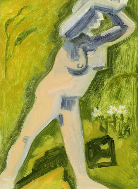 Painting of a nude figure leaning to the right, with a green, grass-like background and three white flowers on the right side of the painting