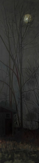 Painting of a nocturnal landscape, with a half moon rising above a tall leafless tree and a small building below