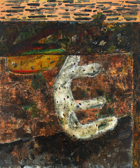 Abstract painting consisting of brown and black bands of color with an organic white form and a yellow half-circle near the center of the canvas