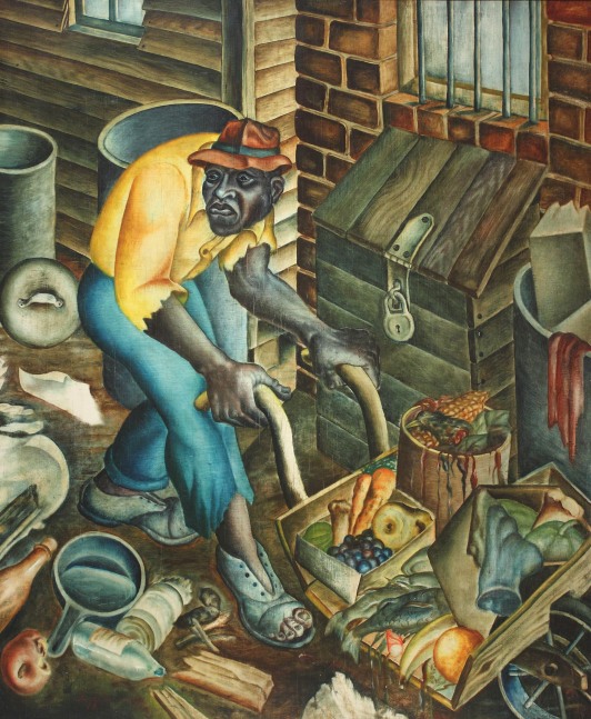 Painting of a man in torn clothing pushing a cart down a littered city street