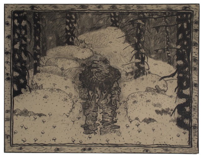 Surreal drawing of a mythical tree-like creature sitting in a winter forest scene