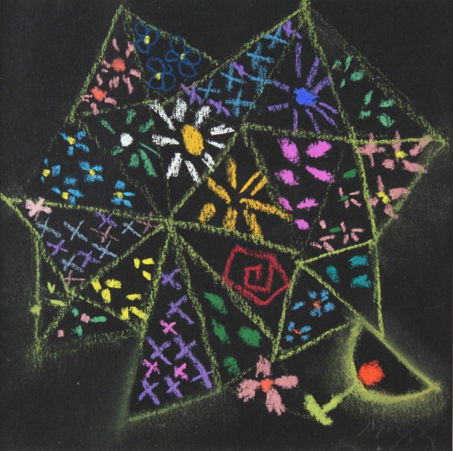 Pastel drawing of abstracted flower-forms, lines and marks in a cluster on a black surface