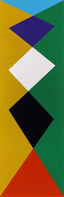 Geometric abstract painting with interlocking shapes in yellow, green, red, blue, black, and white