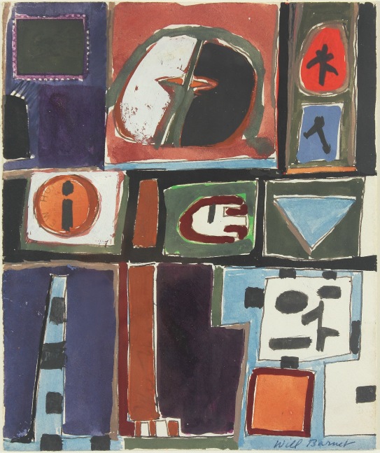 Abstract painting on paper consisting of interlocking geometric forms in blue, purple, orange, red, grey, black and white