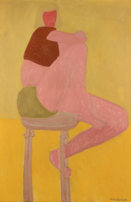 Abstracted painting of a figure seated on a stool with green shorts and a short reddish-brown shirt against a yellow background