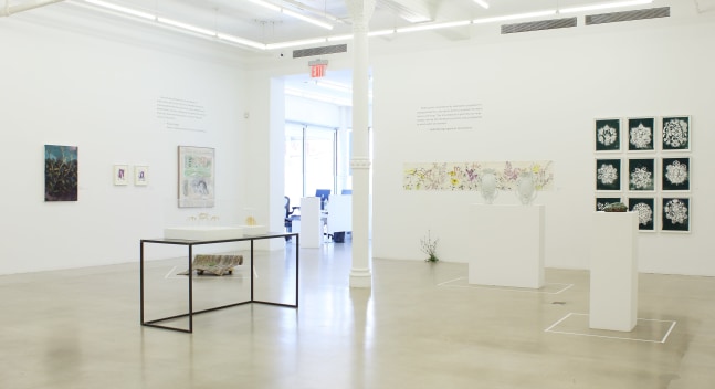 Photograph of a corner view of an exhibition showing a range of paintings, drawings, sculptures and prints in a white gallery space
