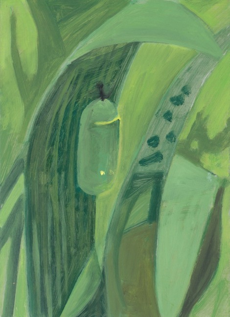 Painting of a green chrysalis hanging off the underside of a leaf, surrounded by green leaves