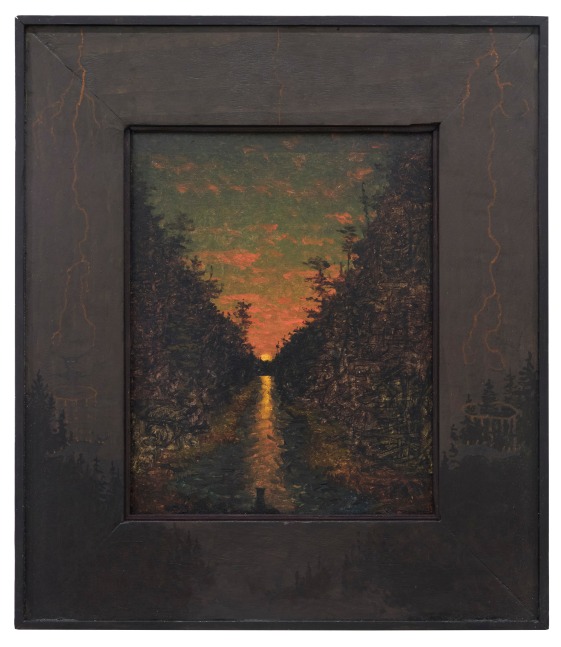 Dibinawe, 2025, oil on rag board, 14 3/4 x 12 3/4 inches, including artist&amp;#39;s hand painted frame