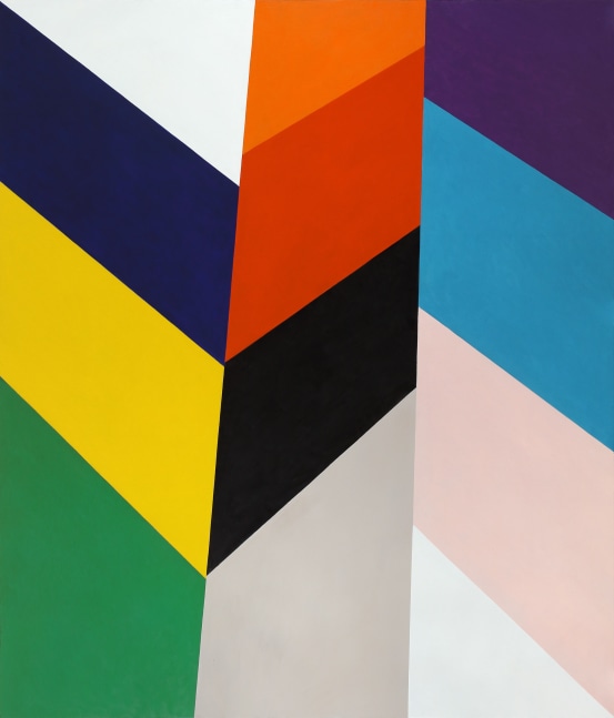 Geometric abstract painting with interlocking shapes in blue, yellow, green, orange, red, black, tan, purple, pink, and grey