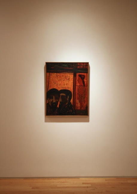 Photograph showing a view of an exhibition, with one framed painting hanging on a white wall