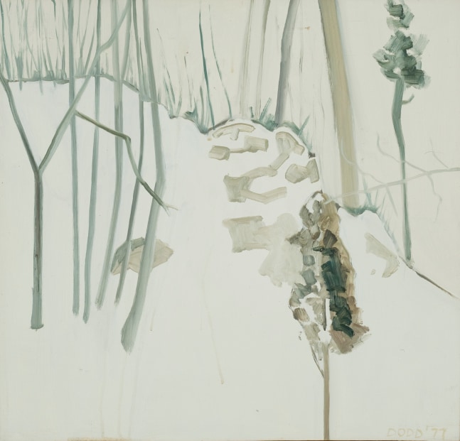 Painting of various trees and rocks in a snow-covered landscape