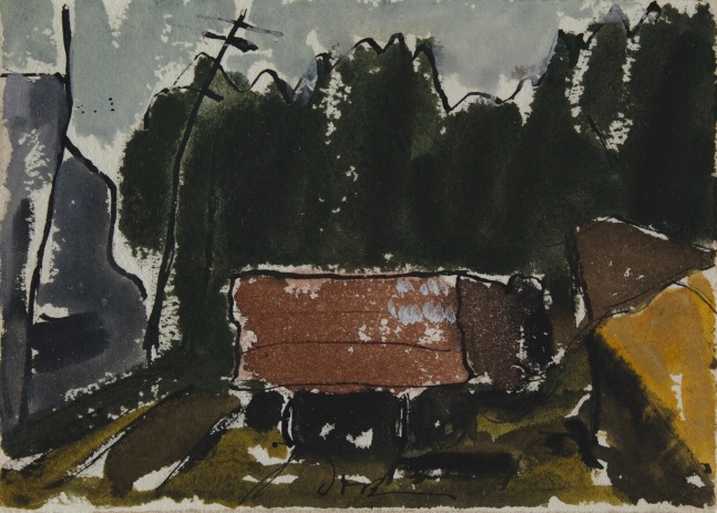 Freight Car II, 1938, watercolor and ink on paper, 5 x 7 inches. Private Collection.