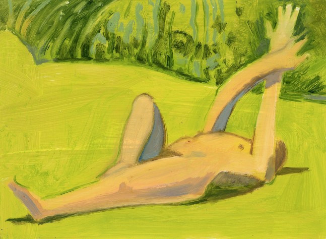Painting of a nude figure lying on their back in the grass, with their arms crossed overhead