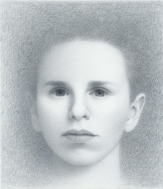Graphite portrait of a young boy from the neck up, with his hair dissolving into the background