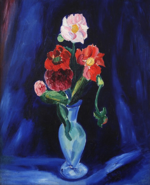 Painting of red and pink flowers in a blue vase, with deep blue cloth covering the surface and background