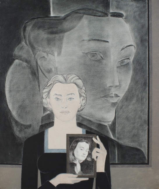 Painting of a woman holding a picture of a girl, in front of a large portrait of the same woman