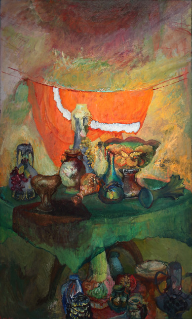 Expressionist painting of a table holding various vessels and fruit, with more vessels underneath the table and a red cloth hanging behind the table