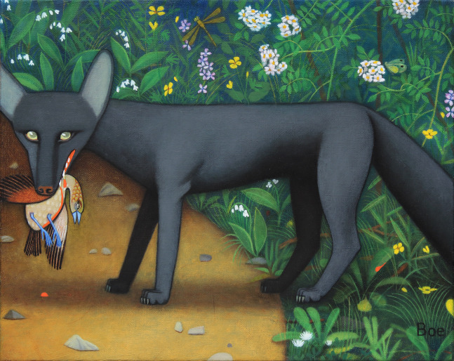 Painting of a black fox-like creature holding a bird in its mouth, two paws on a dirt path and two paws in a patch of grass filled with flowers