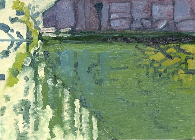 Lois Dodd, Long Cove Quarry, Sept., 1993, oil on aluminum flashing, 7 x 5 inches&amp;nbsp;