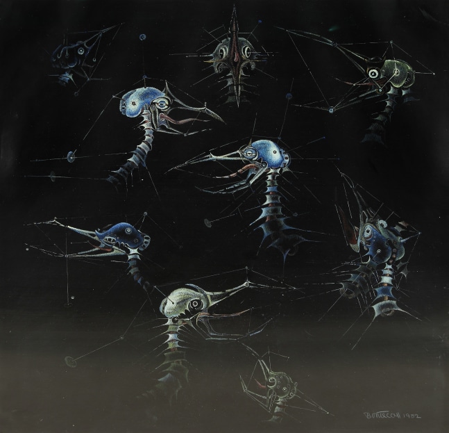 Painting of a group of surreal, birdlike, skeletal creatures on a dark grey and black ground