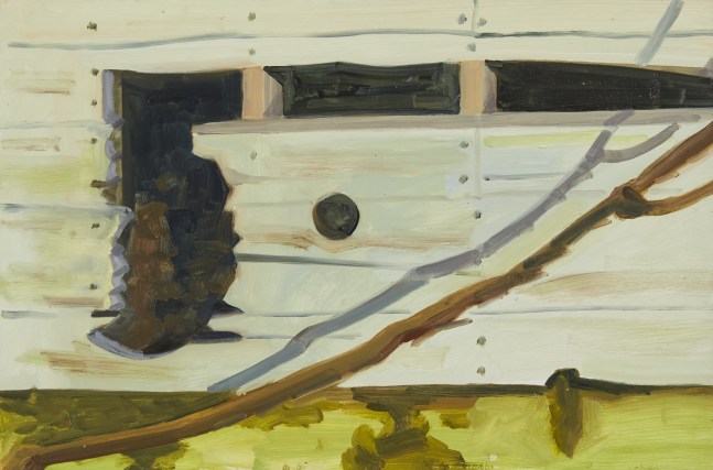Lois Dodd, Break + Knothole, 1994, oil on Masonite, 10 x 15 inches