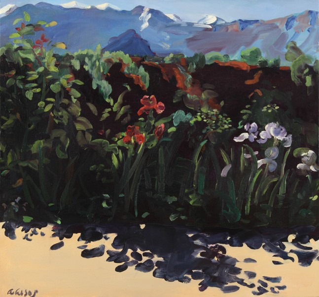 Adele Alsop, Irises with Shadows Near and Far, 2002, oil on canvas, 28 x 30 inches