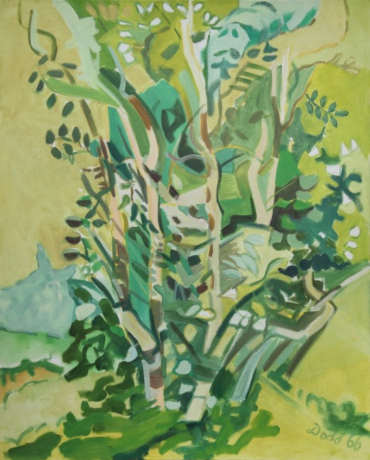 Painting of an abstracted tree surrounded by green grass
