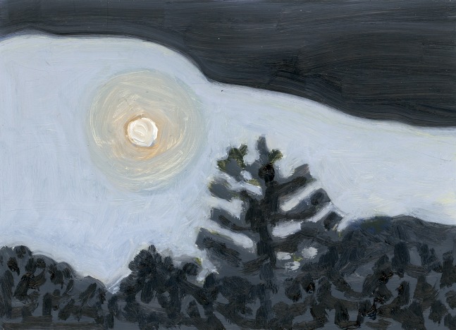 Painting of the full moon peeking out of a mass of clouds over a silhouetted tree line