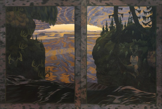 Surreal diptych with a mythical creature with the body of a human and the head of a deer perched on a tree in the midst of a psychedelic landscape covered in animal skulls, with a waterfall in the background