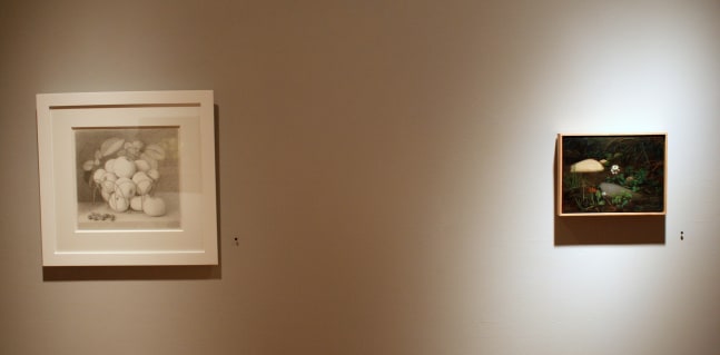 Photograph showing a view of an exhibition, with one small framed drawing and one small framed painting hanging on a grey wall