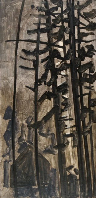 Nocturnal painting of moonlight illuminating a building behind a group of tall trees