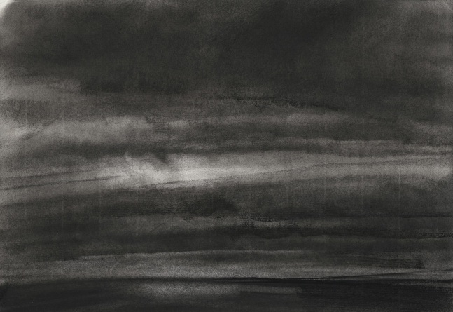 Charcoal landscape drawing of the sky and ocean at dawn or dusk, with dim sunlight coming through dark clouds and reflected off the water