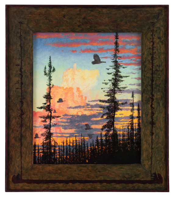 Landscape painting of a vibrant sunset with birds flying to the left and dark trees in the foreground