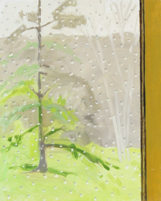 Sunroom Door in Rain, Spring, 2021, oil on Masonite, 12 1/8 x 9 7/8 inches