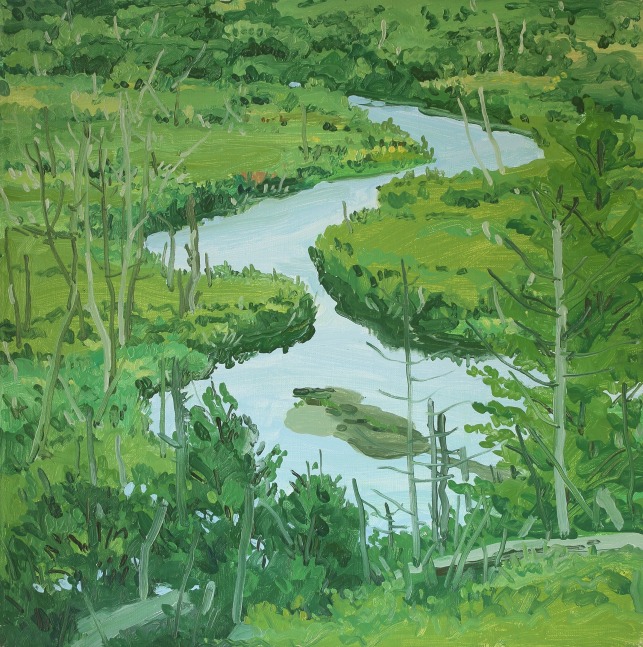 Landscape painting of a stream winding through a green meadow