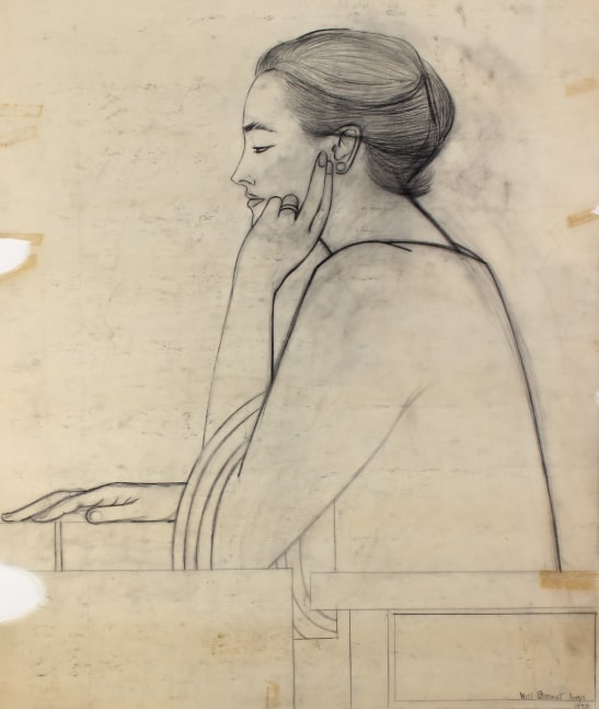 Graphite drawing of a woman in profile with her chin resting on one hand and the other hand resting on a table in front of her